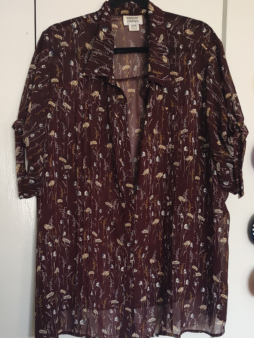 FIRST OFFER ACCEPTED! Unique Vintage Burgundy Floral Sheer Button-Up